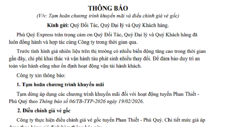 Thông báo: Tàu Phú Quý Express tạm hoãn chương trình khuyến mãi